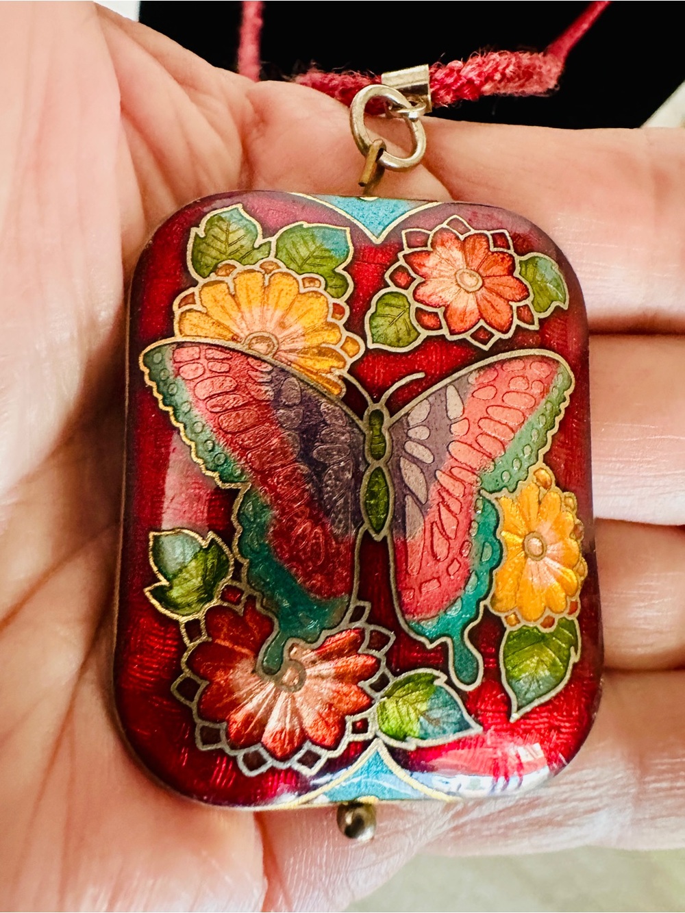 Vintage Cloisonné Pendant Necklace, Butterfly Floral, Red  Puffy 2 Sided - Picture 2 of 7